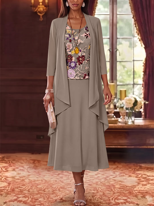 3 Pieces A-Line/Princess Scoop Chiffon Mother of the Bride Dresses Lace Embroidery 3/4 Sleeves Tea-Length