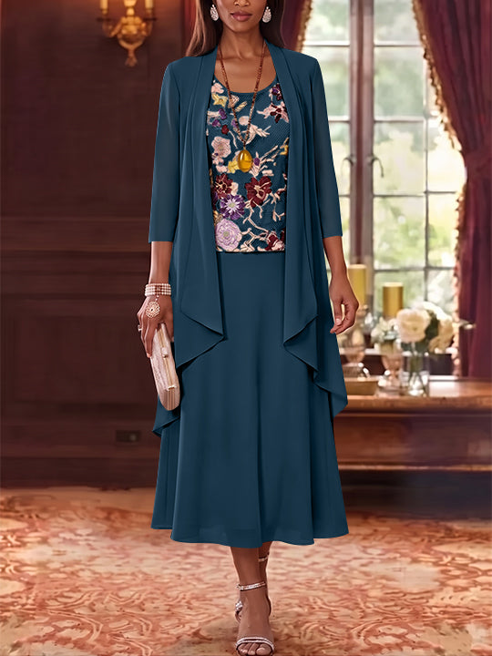 3 Pieces A-Line/Princess Scoop Chiffon Mother of the Bride Dresses Lace Embroidery 3/4 Sleeves Tea-Length