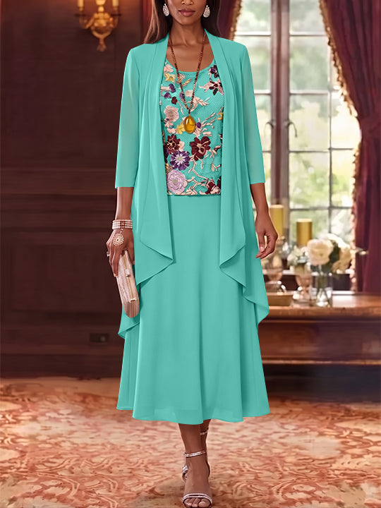 3 Pieces A-Line/Princess Scoop Chiffon Mother of the Bride Dresses Lace Embroidery 3/4 Sleeves Tea-Length