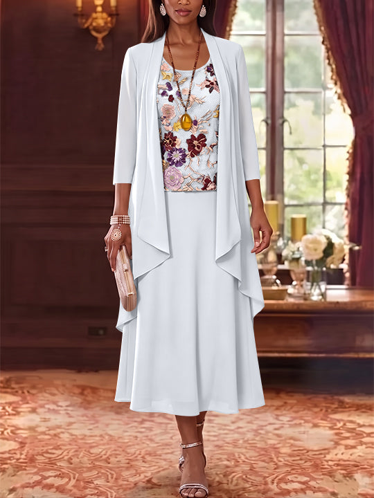 3 Pieces A-Line/Princess Scoop Chiffon Mother of the Bride Dresses Lace Embroidery 3/4 Sleeves Tea-Length