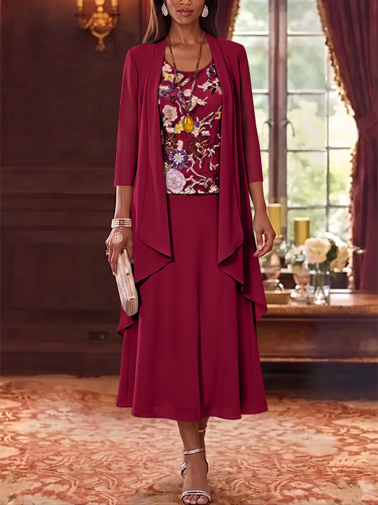 3 Pieces A-Line/Princess Scoop Chiffon Mother of the Bride Dresses Lace Embroidery 3/4 Sleeves Tea-Length