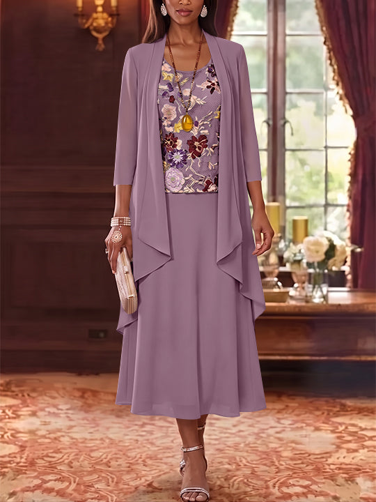 3 Pieces A-Line/Princess Scoop Chiffon Mother of the Bride Dresses Lace Embroidery 3/4 Sleeves Tea-Length