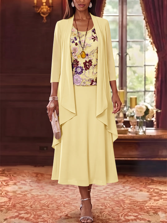 3 Pieces A-Line/Princess Scoop Chiffon Mother of the Bride Dresses Lace Embroidery 3/4 Sleeves Tea-Length