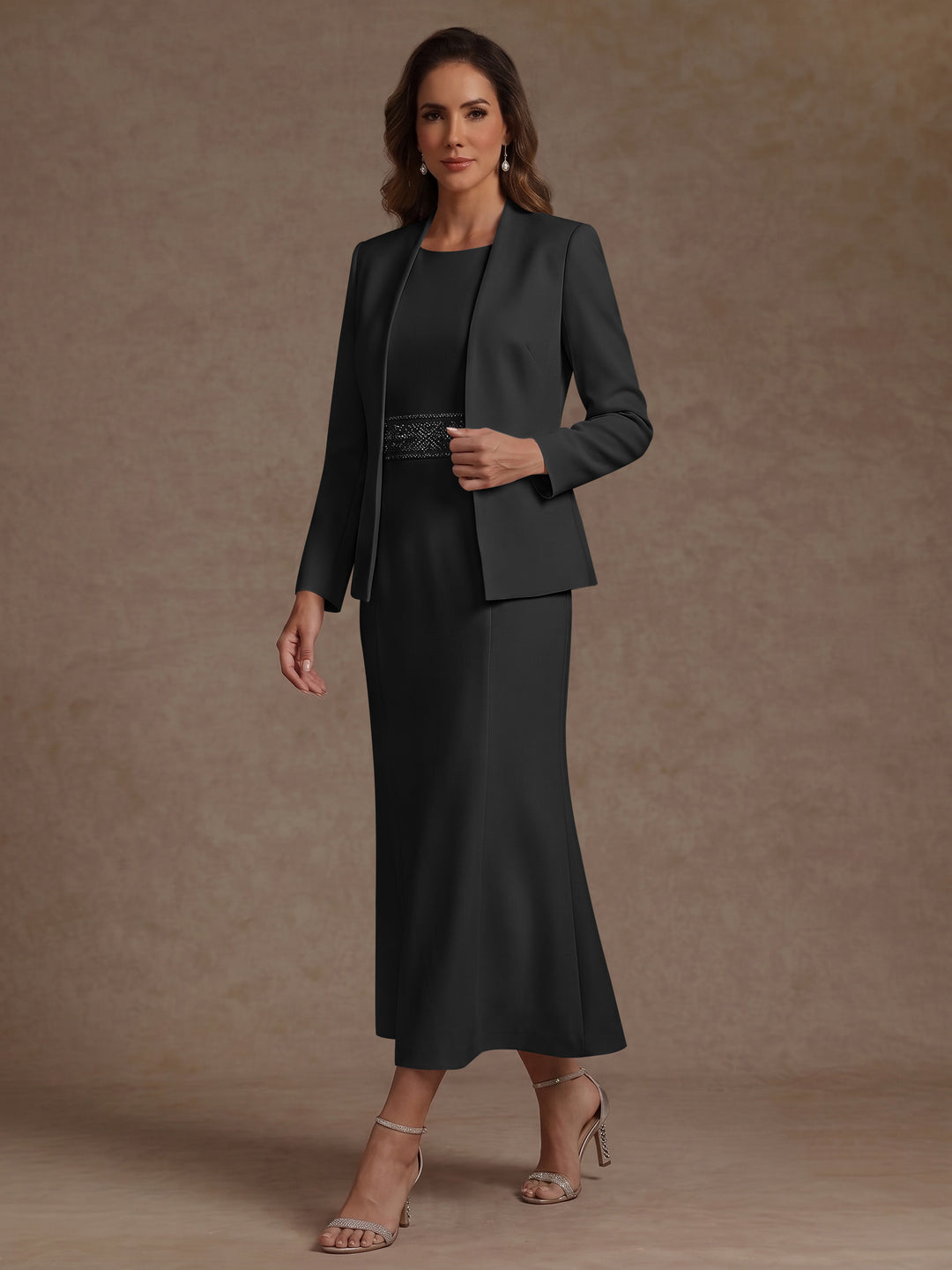 2 Pieces Sheath/Column Scoop Stretch Satin Mother of the Bride Dresses with Jacket Long Sleeves Tea-Length Sash