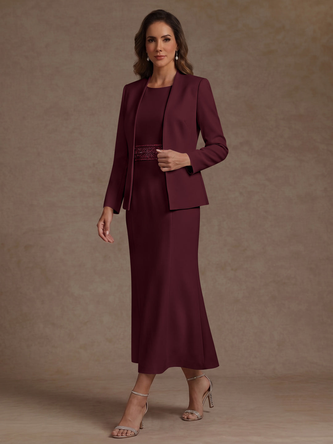 2 Pieces Sheath/Column Scoop Stretch Satin Mother of the Bride Dresses with Jacket Long Sleeves Tea-Length Sash