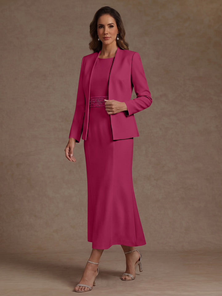 2 Pieces Sheath/Column Scoop Stretch Satin Mother of the Bride Dresses with Jacket Long Sleeves Tea-Length Sash