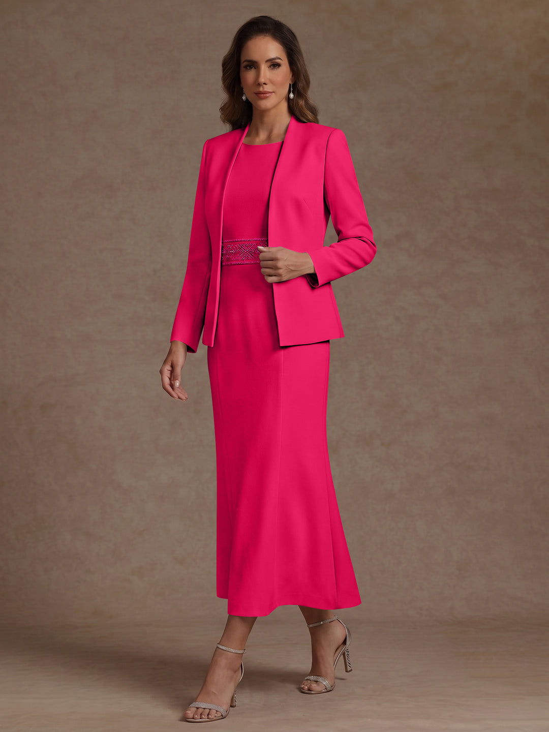 2 Pieces Sheath/Column Scoop Stretch Satin Mother of the Bride Dresses with Jacket Long Sleeves Tea-Length Sash