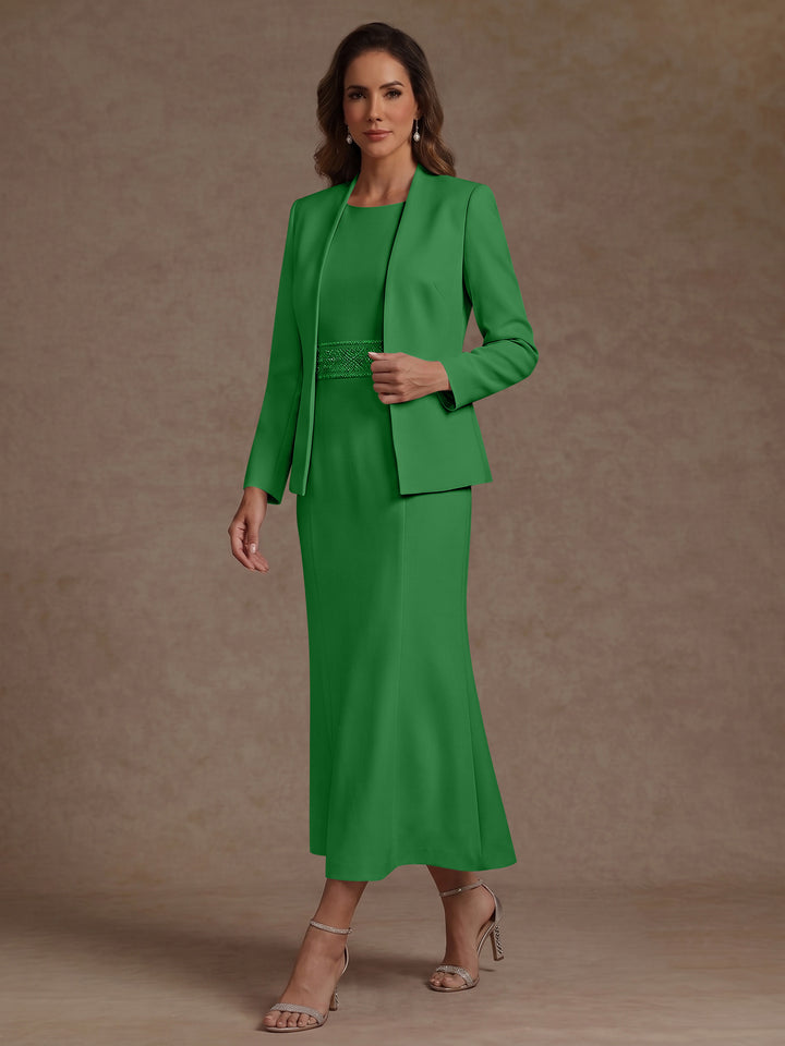 2 Pieces Sheath/Column Scoop Stretch Satin Mother of the Bride Dresses with Jacket Long Sleeves Tea-Length Sash