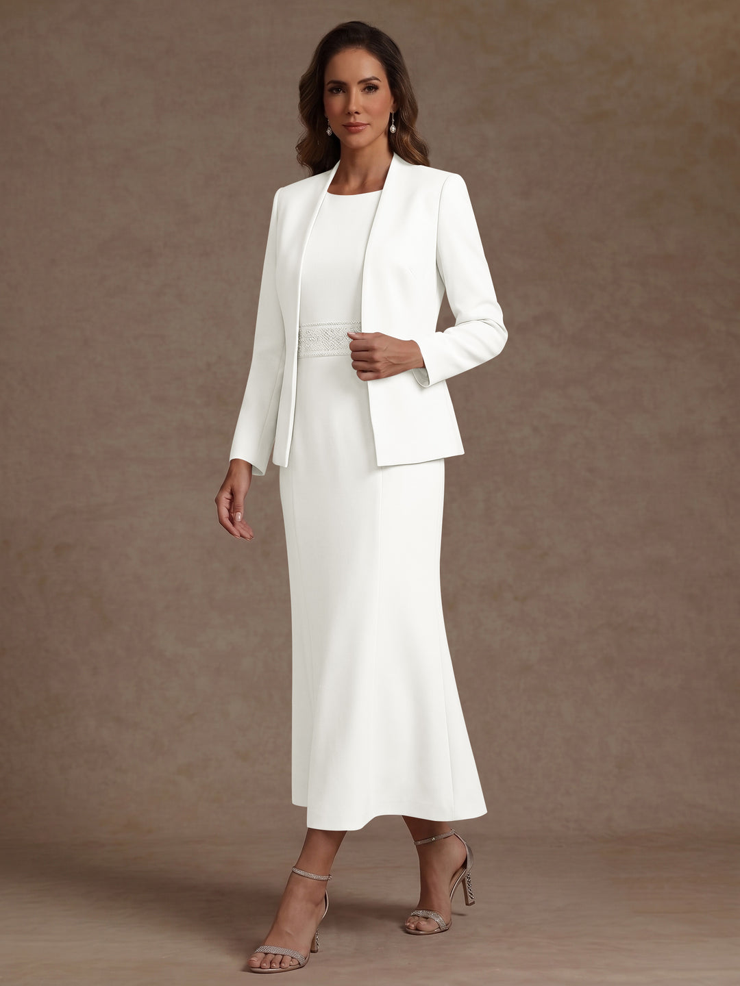 2 Pieces Sheath/Column Scoop Stretch Satin Mother of the Bride Dresses with Jacket Long Sleeves Tea-Length Sash