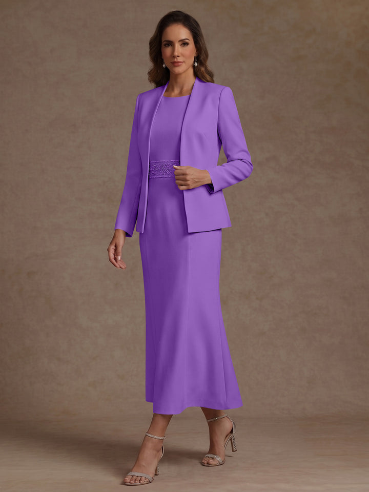 2 Pieces Sheath/Column Scoop Stretch Satin Mother of the Bride Dresses with Jacket Long Sleeves Tea-Length Sash