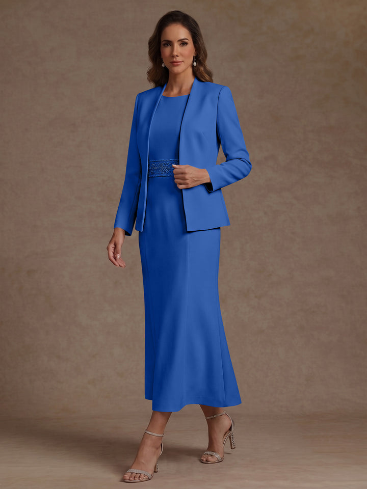2 Pieces Sheath/Column Scoop Stretch Satin Mother of the Bride Dresses with Jacket Long Sleeves Tea-Length Sash