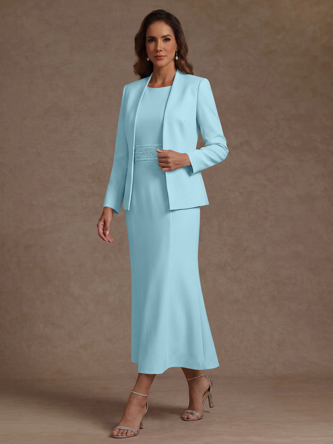 2 Pieces Sheath/Column Scoop Stretch Satin Mother of the Bride Dresses with Jacket Long Sleeves Tea-Length Sash