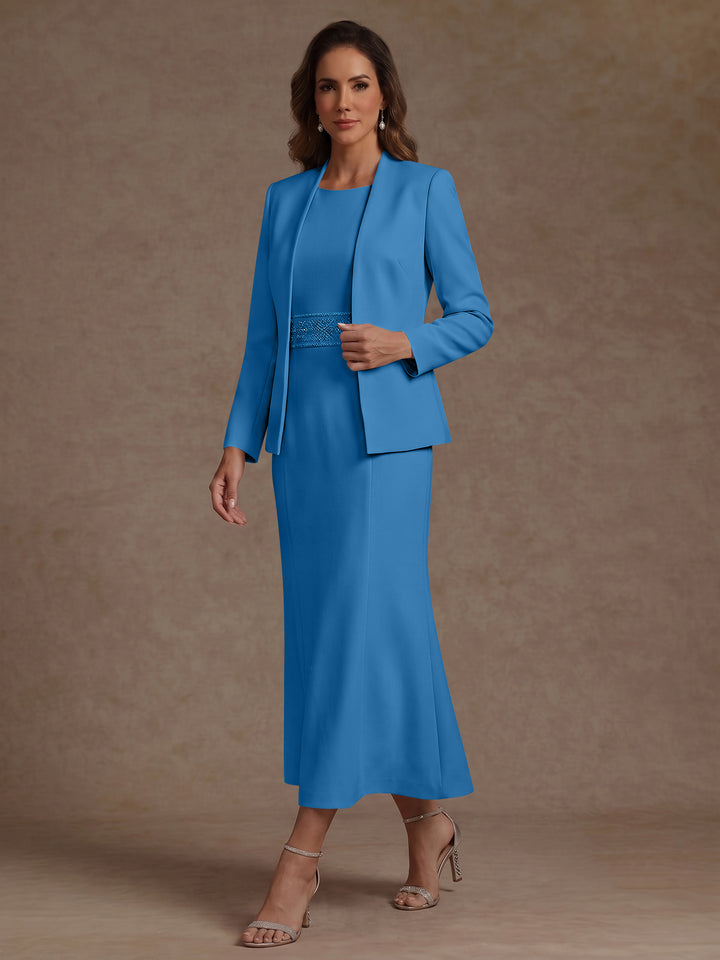 2 Pieces Sheath/Column Scoop Stretch Satin Mother of the Bride Dresses with Jacket Long Sleeves Tea-Length Sash