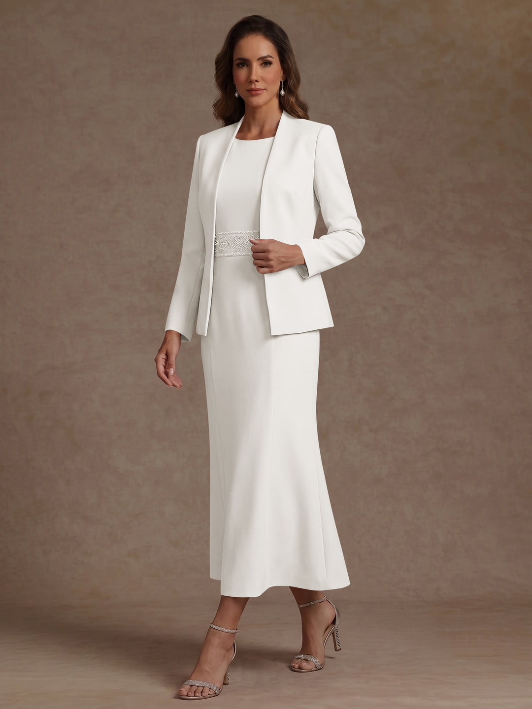 2 Pieces Sheath/Column Scoop Stretch Satin Mother of the Bride Dresses with Jacket Long Sleeves Tea-Length Sash