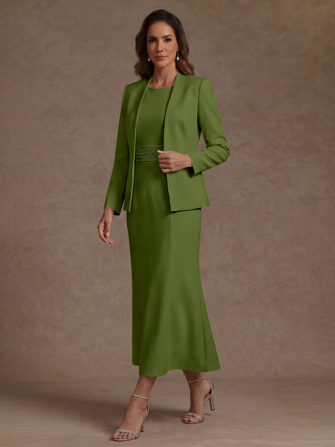 2 Pieces Sheath/Column Scoop Stretch Satin Mother of the Bride Dresses with Jacket Long Sleeves Tea-Length Sash