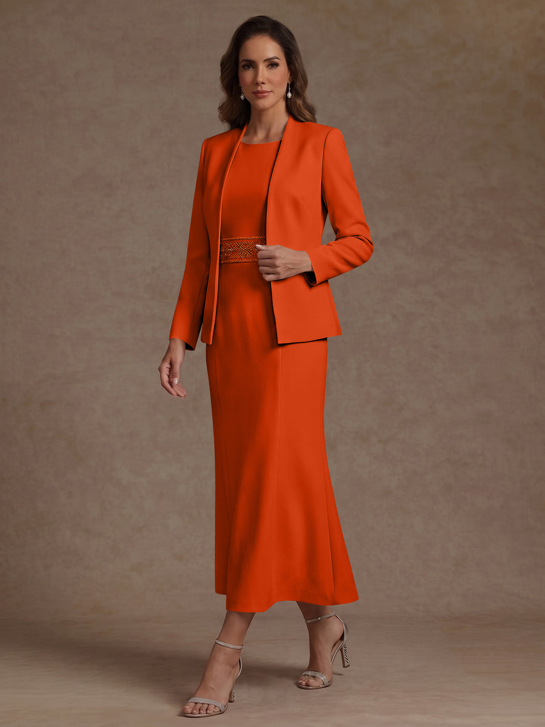 2 Pieces Sheath/Column Scoop Stretch Satin Mother of the Bride Dresses with Jacket Long Sleeves Tea-Length Sash