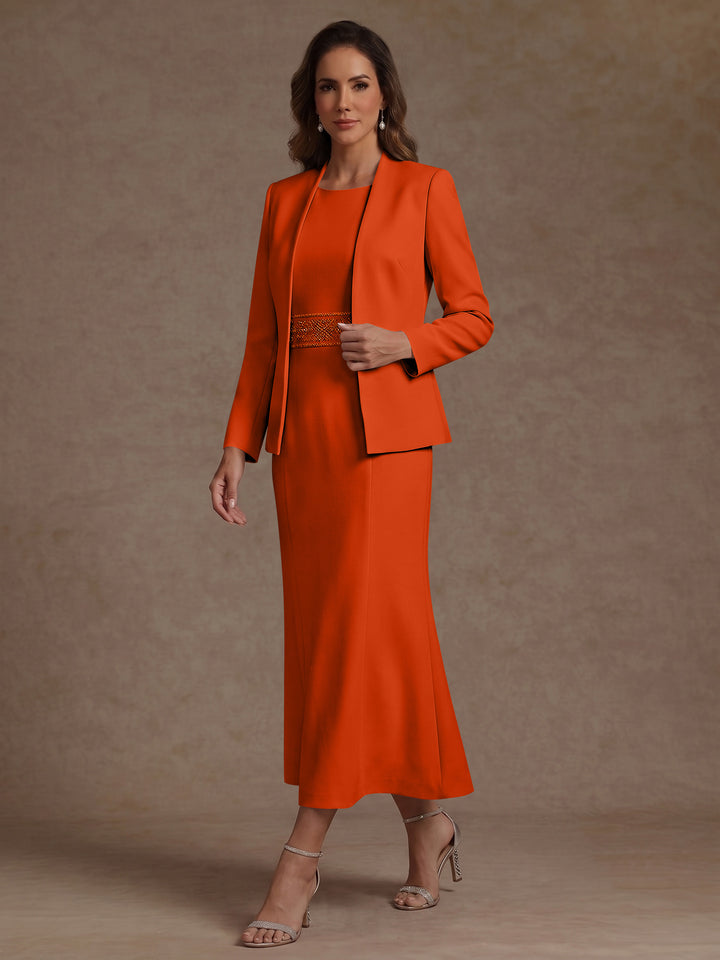 2 Pieces Sheath/Column Scoop Stretch Satin Mother of the Bride Dresses with Jacket Long Sleeves Tea-Length Sash