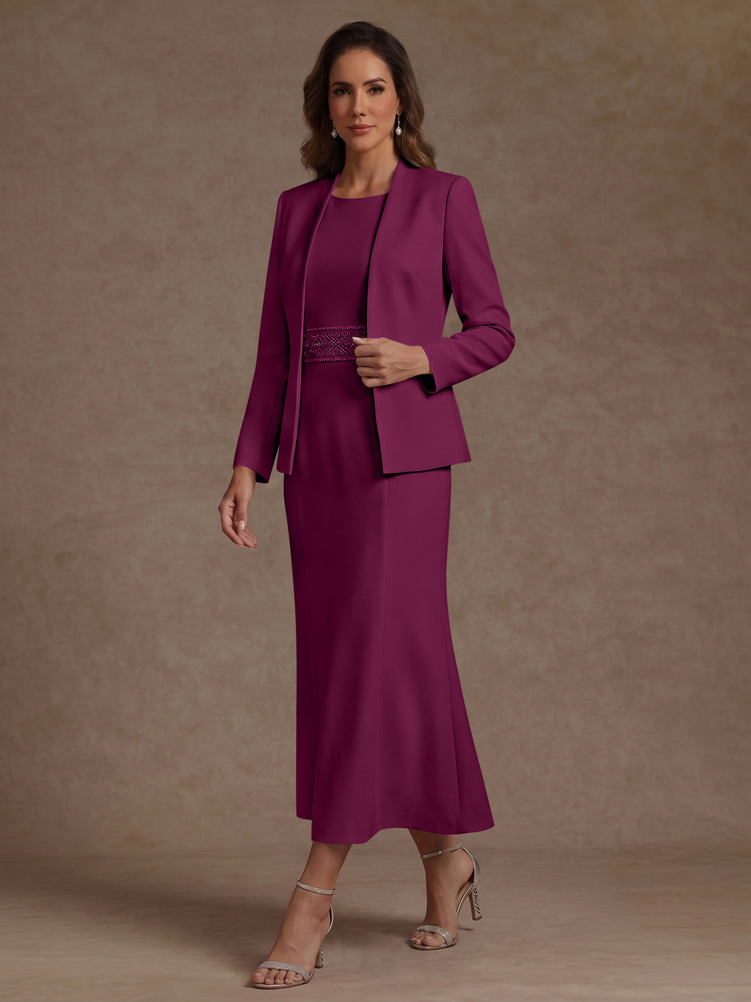 2 Pieces Sheath/Column Scoop Stretch Satin Mother of the Bride Dresses with Jacket Long Sleeves Tea-Length Sash