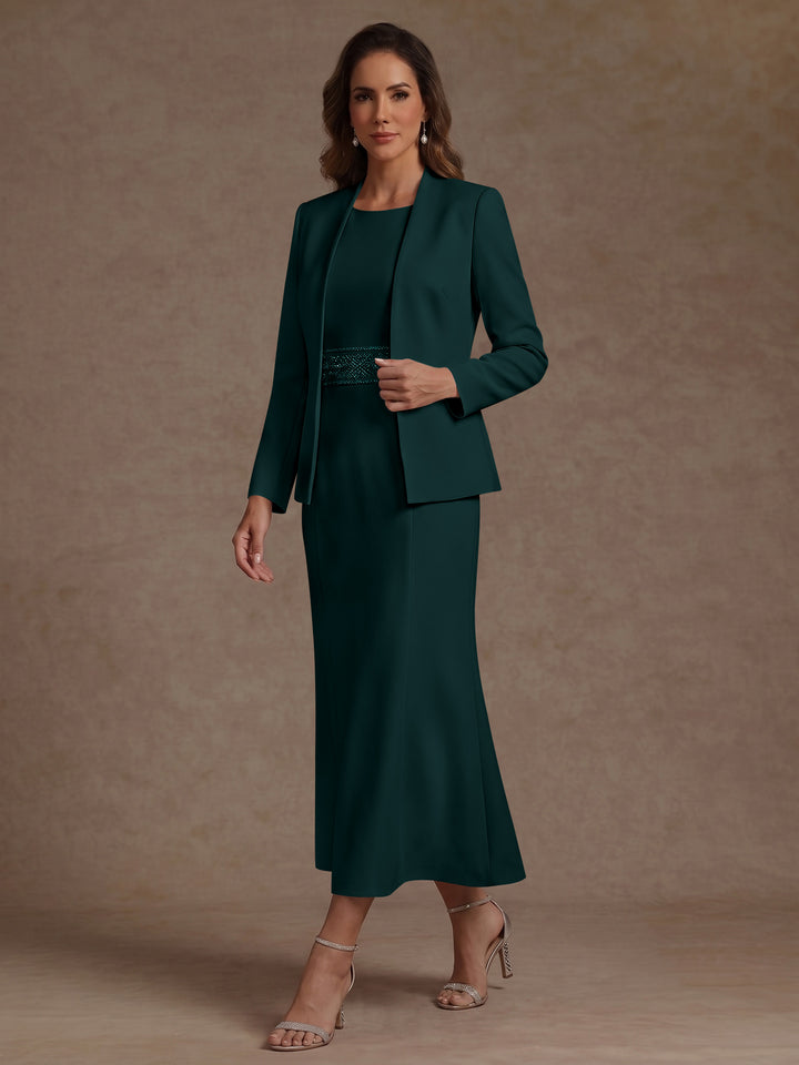 2 Pieces Sheath/Column Scoop Stretch Satin Mother of the Bride Dresses with Jacket Long Sleeves Tea-Length Sash