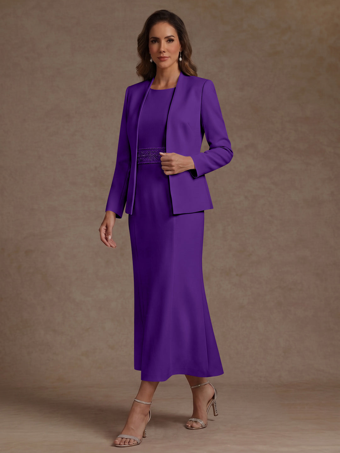 2 Pieces Sheath/Column Scoop Stretch Satin Mother of the Bride Dresses with Jacket Long Sleeves Tea-Length Sash