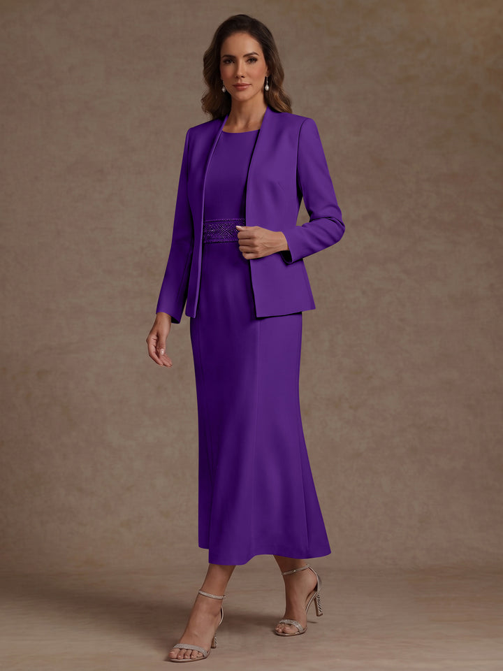 2 Pieces Sheath/Column Scoop Stretch Satin Mother of the Bride Dresses with Jacket Long Sleeves Tea-Length Sash