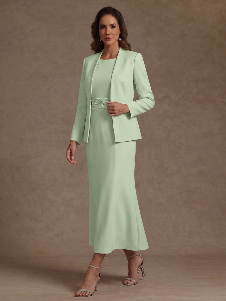 2 Pieces Sheath/Column Scoop Stretch Satin Mother of the Bride Dresses with Jacket Long Sleeves Tea-Length Sash