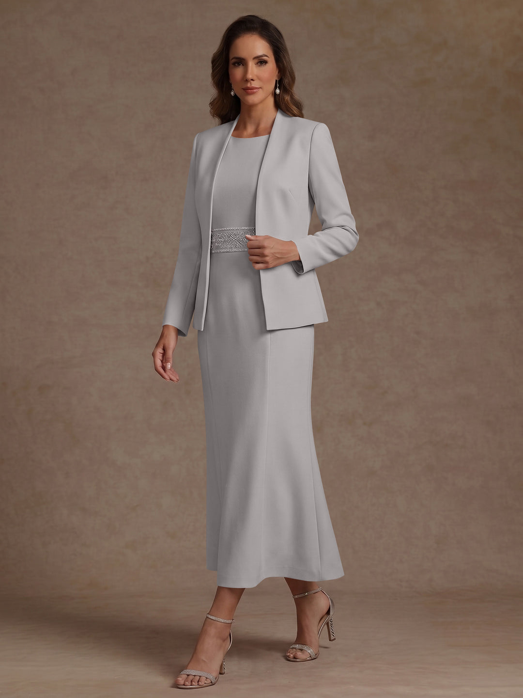 2 Pieces Sheath/Column Scoop Stretch Satin Mother of the Bride Dresses with Jacket Long Sleeves Tea-Length Sash