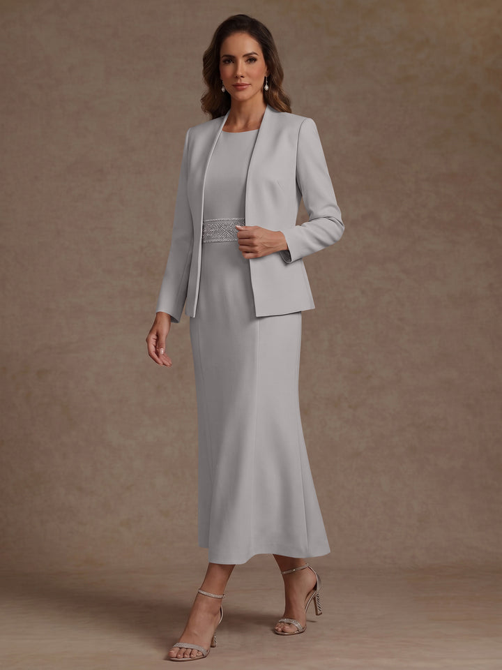 2 Pieces Sheath/Column Scoop Stretch Satin Mother of the Bride Dresses with Jacket Long Sleeves Tea-Length Sash