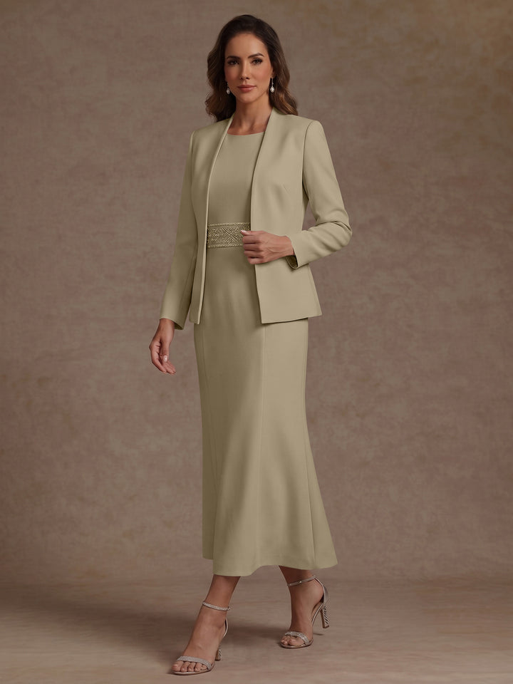 2 Pieces Sheath/Column Scoop Stretch Satin Mother of the Bride Dresses with Jacket Long Sleeves Tea-Length Sash