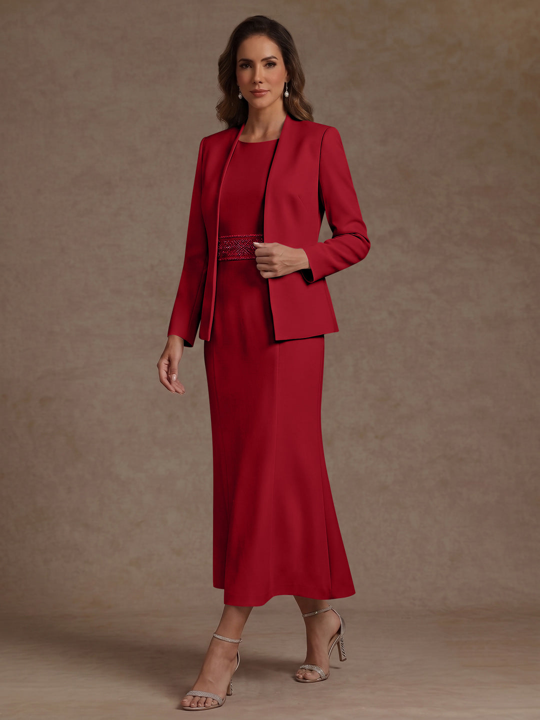 2 Pieces Sheath/Column Scoop Stretch Satin Mother of the Bride Dresses with Jacket Long Sleeves Tea-Length Sash