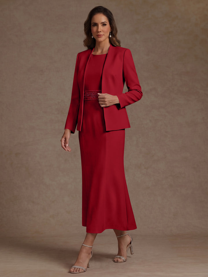 2 Pieces Sheath/Column Scoop Stretch Satin Mother of the Bride Dresses with Jacket Long Sleeves Tea-Length Sash