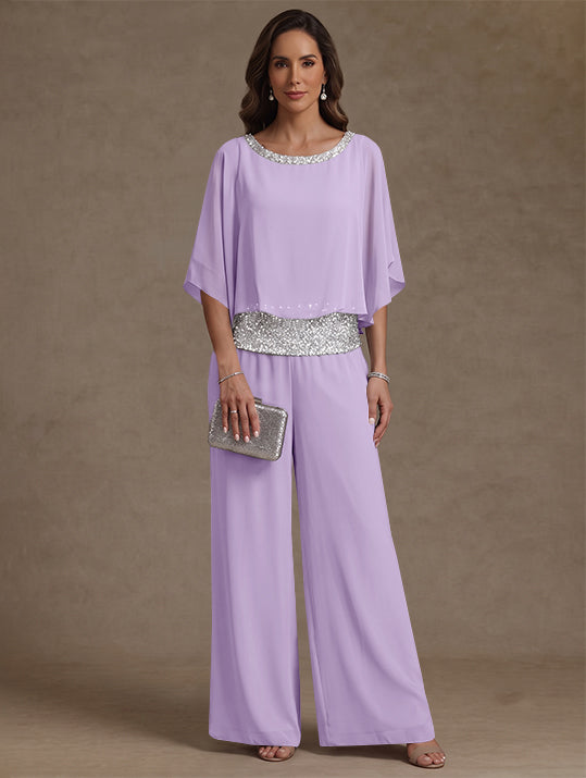 2 Pieces Chiffon Scoop Mother of the Bride Pantsuits Floor-Length Sequins 3/4 Sleeves