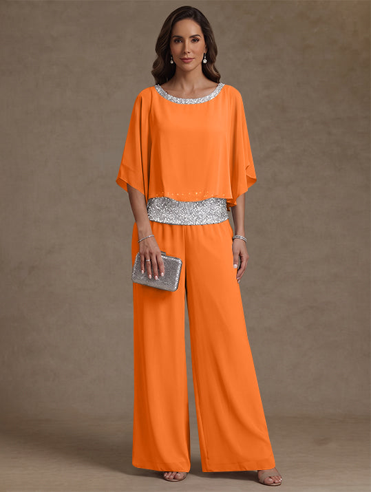 2 Pieces Chiffon Scoop Mother of the Bride Pantsuits Floor-Length Sequins 3/4 Sleeves