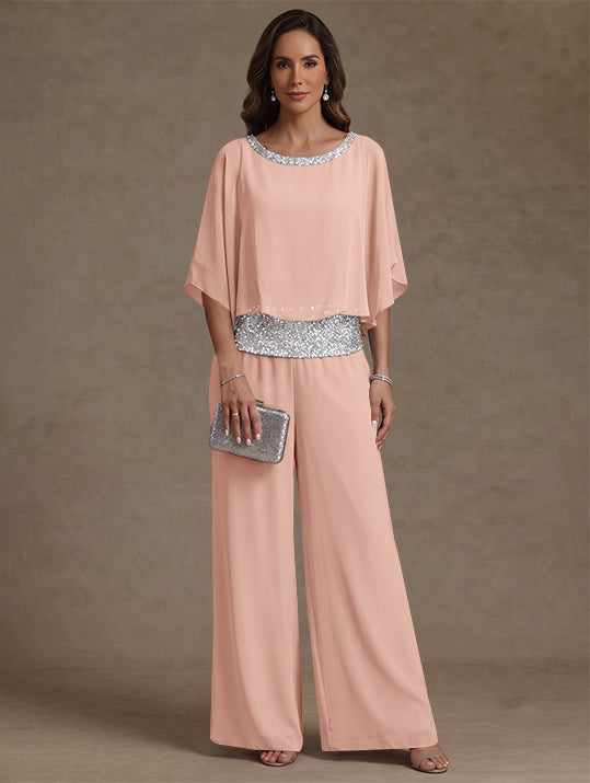 2 Pieces Chiffon Scoop Mother of the Bride Pantsuits Floor-Length Sequins 3/4 Sleeves
