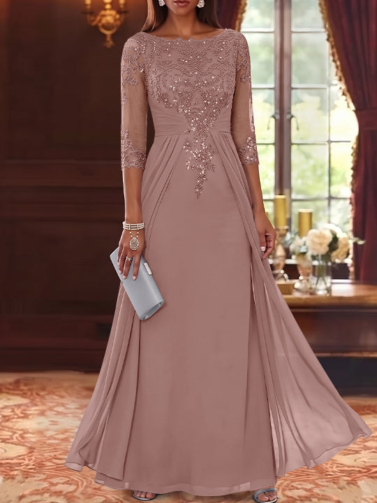 A-Line/Princess Scoop Chiffon Mother of the Bride Dresses with Overskirt Lace Sequins 3/4 Sleeves Floor-Length