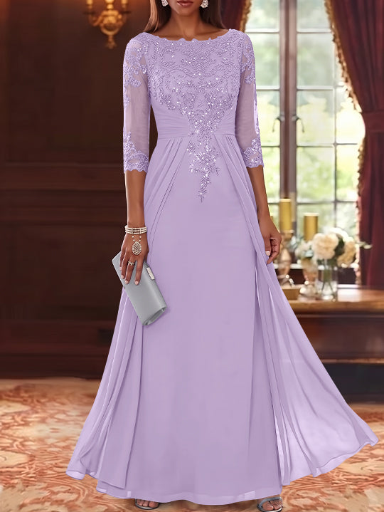 A-Line/Princess Scoop Chiffon Mother of the Bride Dresses with Overskirt Lace Sequins 3/4 Sleeves Floor-Length