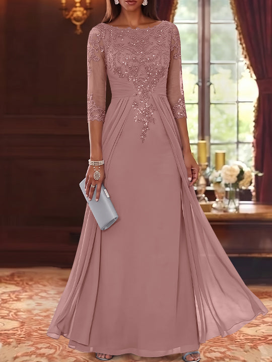 A-Line/Princess Scoop Chiffon Mother of the Bride Dresses with Overskirt Lace Sequins 3/4 Sleeves Floor-Length