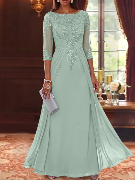 A-Line/Princess Scoop Chiffon Mother of the Bride Dresses with Overskirt Lace Sequins 3/4 Sleeves Floor-Length