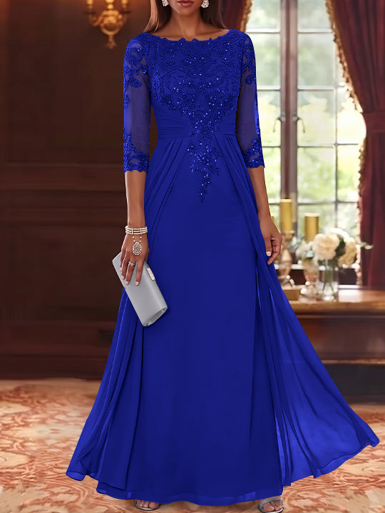 A-Line/Princess Scoop Chiffon Mother of the Bride Dresses with Overskirt Lace Sequins 3/4 Sleeves Floor-Length