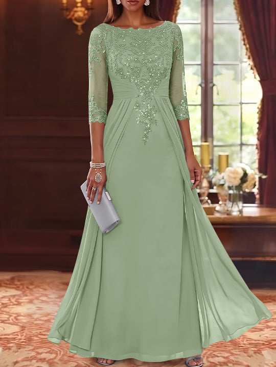 A-Line/Princess Scoop Chiffon Mother of the Bride Dresses with Overskirt Lace Sequins 3/4 Sleeves Floor-Length