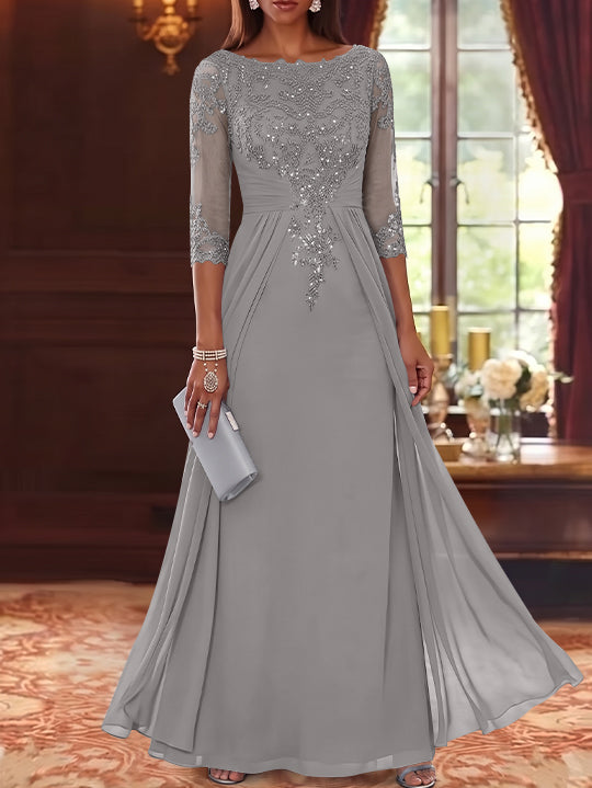 A-Line/Princess Scoop Chiffon Mother of the Bride Dresses with Overskirt Lace Sequins 3/4 Sleeves Floor-Length