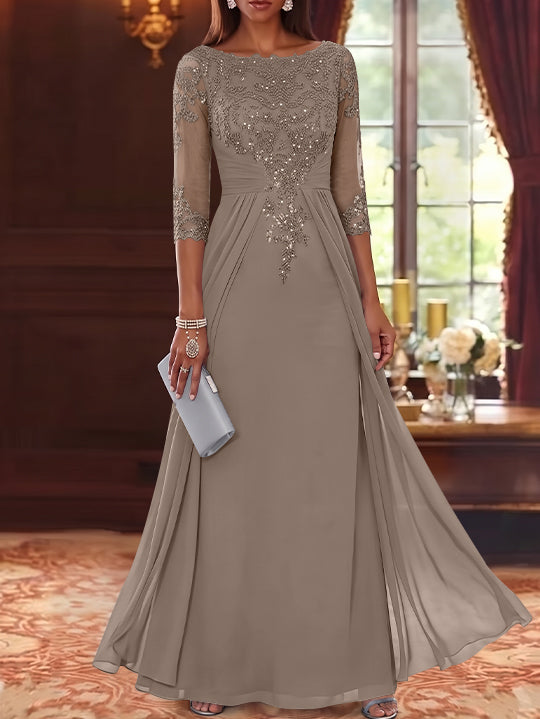 A-Line/Princess Scoop Chiffon Mother of the Bride Dresses with Overskirt Lace Sequins 3/4 Sleeves Floor-Length