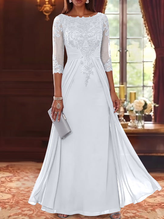 A-Line/Princess Scoop Chiffon Mother of the Bride Dresses with Overskirt Lace Sequins 3/4 Sleeves Floor-Length