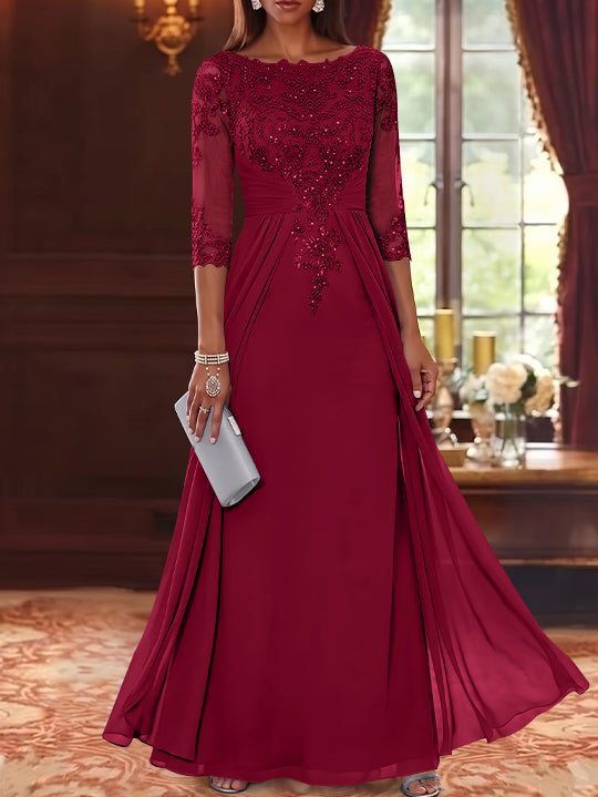 A-Line/Princess Scoop Chiffon Mother of the Bride Dresses with Overskirt Lace Sequins 3/4 Sleeves Floor-Length
