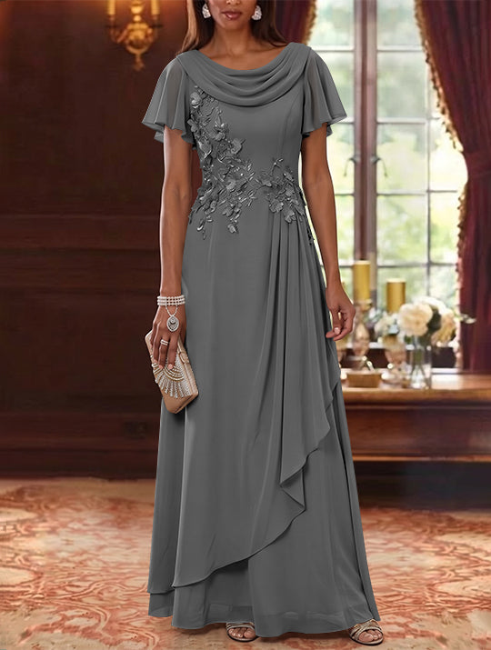 A-Line/Princess Cowl Neck Chiffon Mother of the Bride Dresses Floral Short Sleeves Floor-Length Ruffles