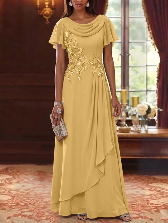 A-Line/Princess Cowl Neck Chiffon Mother of the Bride Dresses Floral Short Sleeves Floor-Length Ruffles