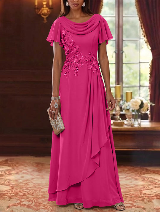 A-Line/Princess Cowl Neck Chiffon Mother of the Bride Dresses Floral Short Sleeves Floor-Length Ruffles