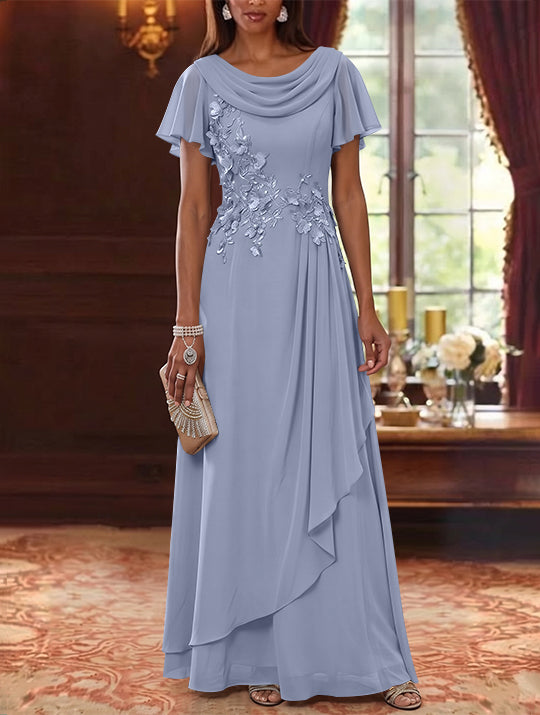 A-Line/Princess Cowl Neck Chiffon Mother of the Bride Dresses Floral Short Sleeves Floor-Length Ruffles