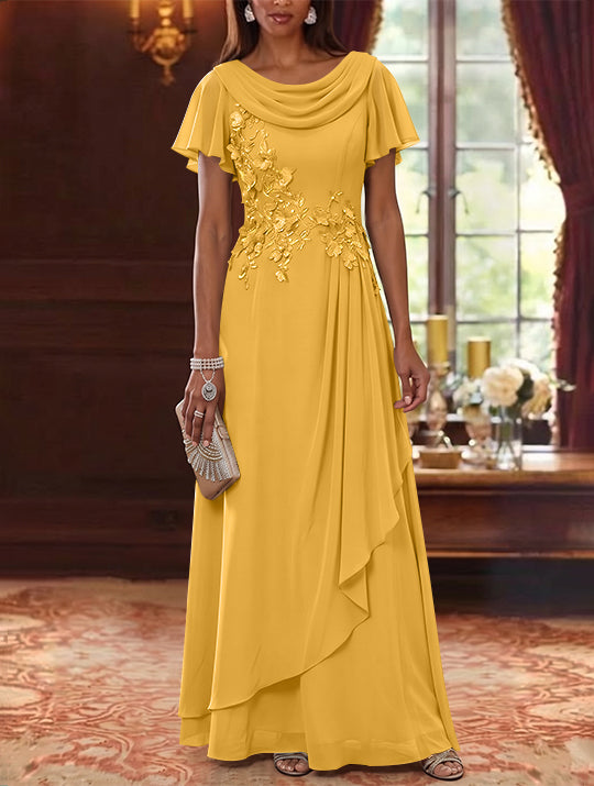 A-Line/Princess Cowl Neck Chiffon Mother of the Bride Dresses Floral Short Sleeves Floor-Length Ruffles