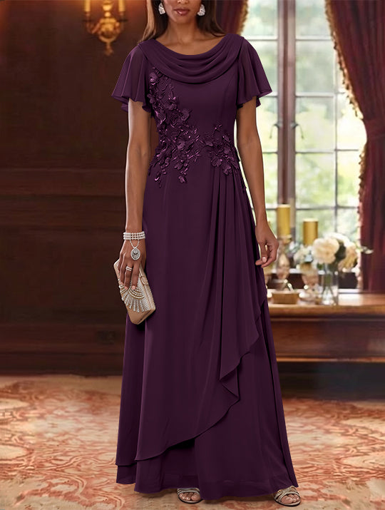A-Line/Princess Cowl Neck Chiffon Mother of the Bride Dresses Floral Short Sleeves Floor-Length Ruffles